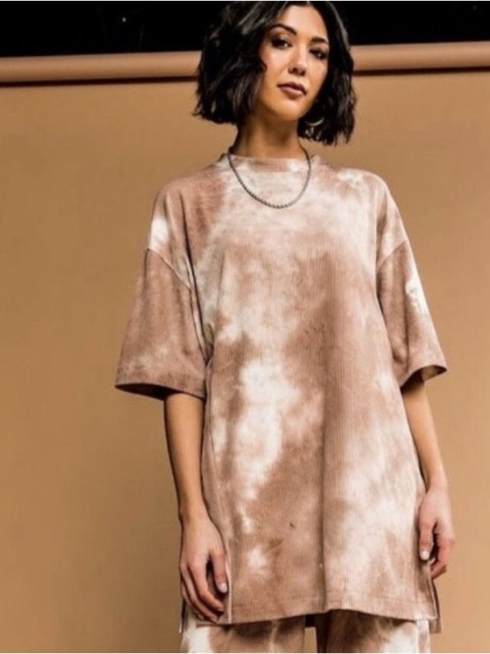 Dressed in Lala Lex Ribbed Tunic Top Iced Latte Oversized Tie Dye Shirt Large